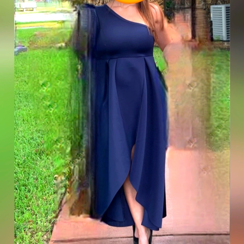 Elegant Navy Blue One-Shoulder High Low Dress
